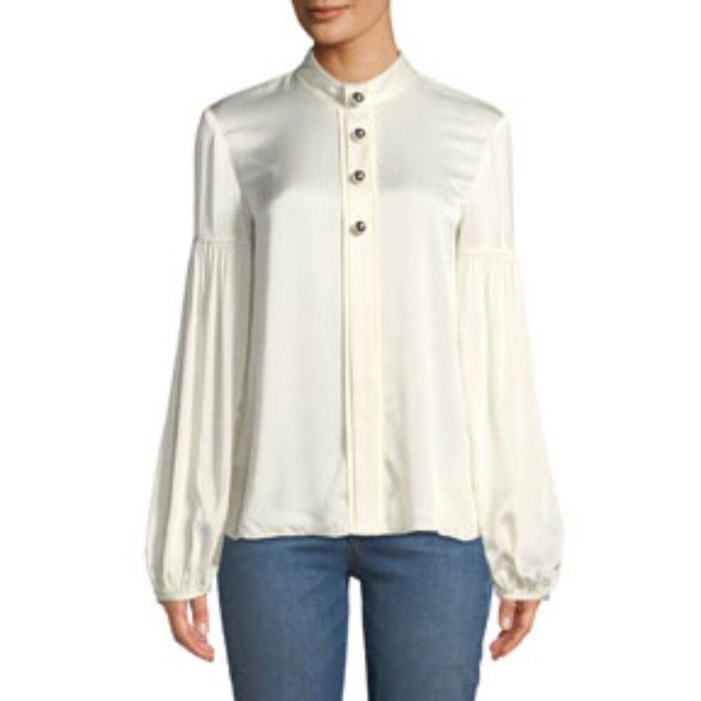 DEREK LAM 10 CROSBY Womens Top Size 4 Ivory Mock Neck Keyhole Satin Blouse